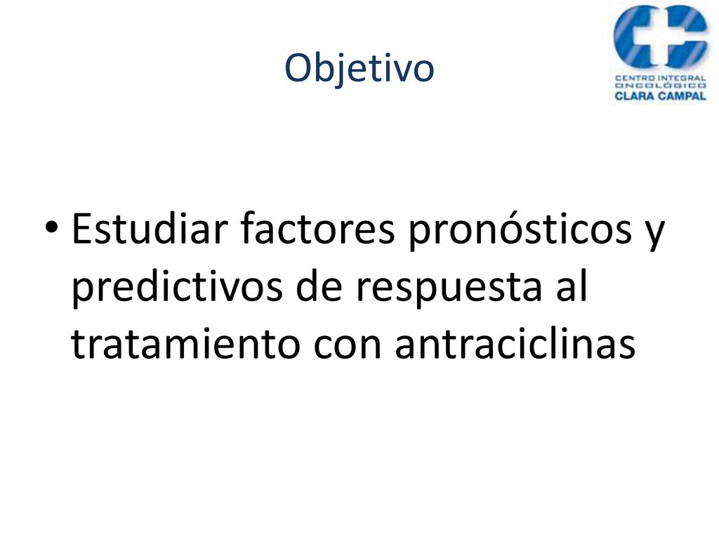 Objetivo Estudiar factores pronósticos y predictivos de respuesta al tratamiento con antraciclinas