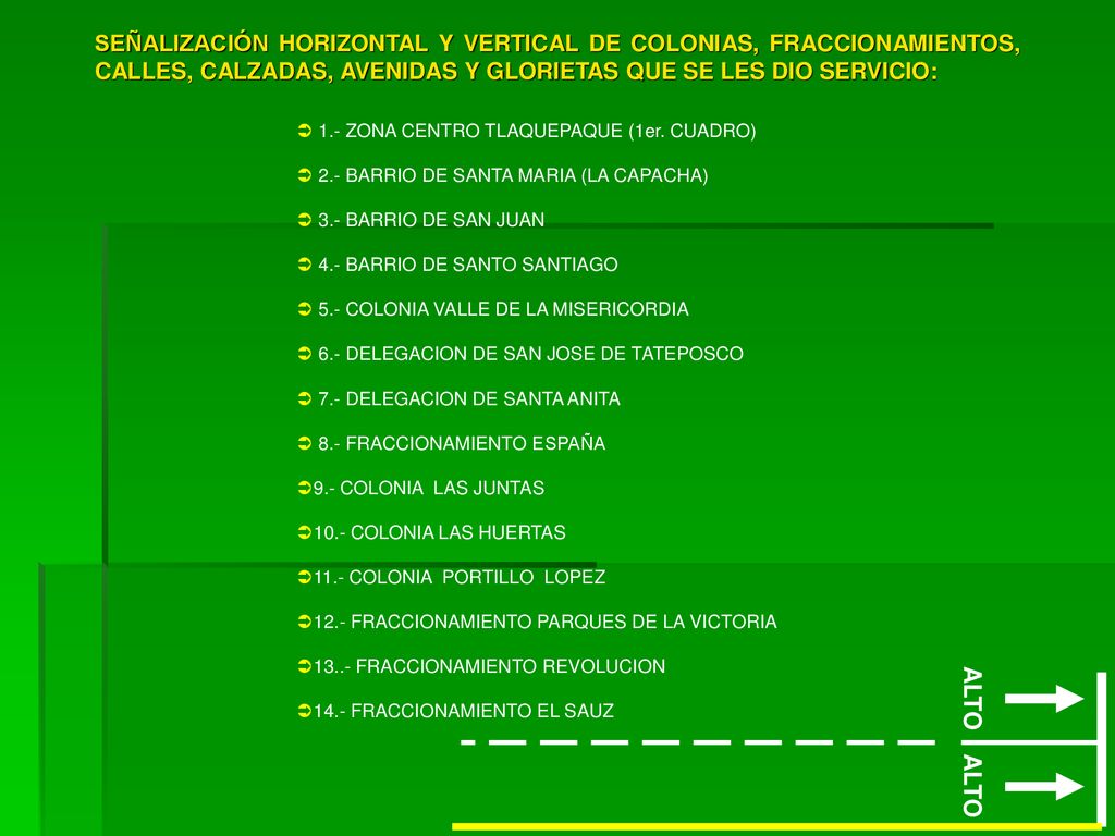 SEÑALIZACIÓN HORIZONTAL Y VERTICAL DE COLONIAS, FRACCIONAMIENTOS, CALLES, CALZADAS, AVENIDAS Y GLORIETAS QUE SE LES DIO SERVICIO: