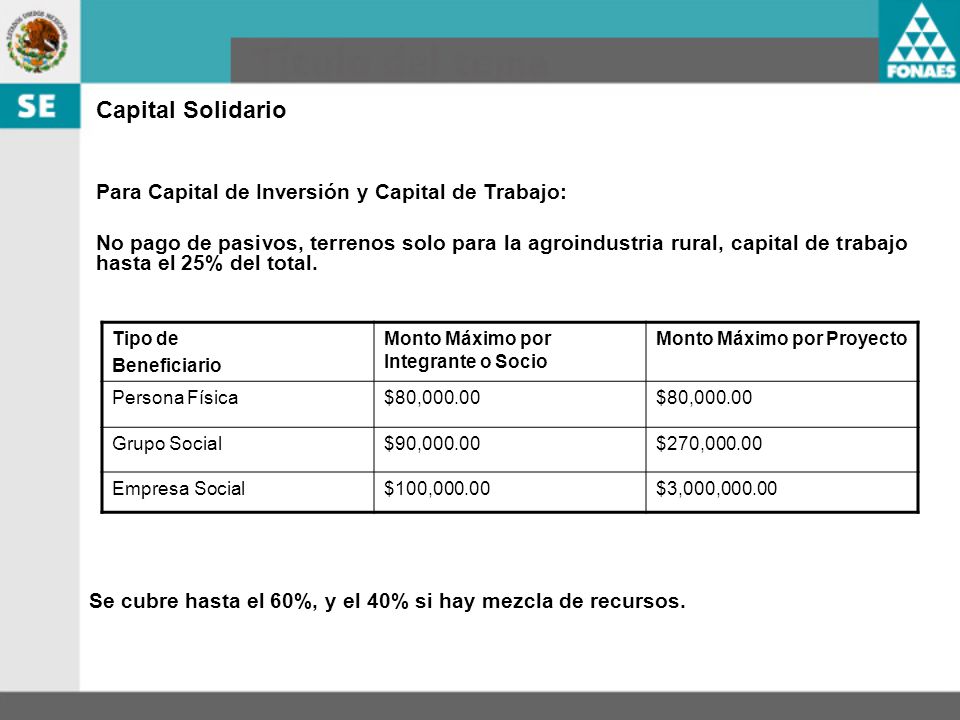 Capital Solidario Para Capital de Inversión y Capital de Trabajo: