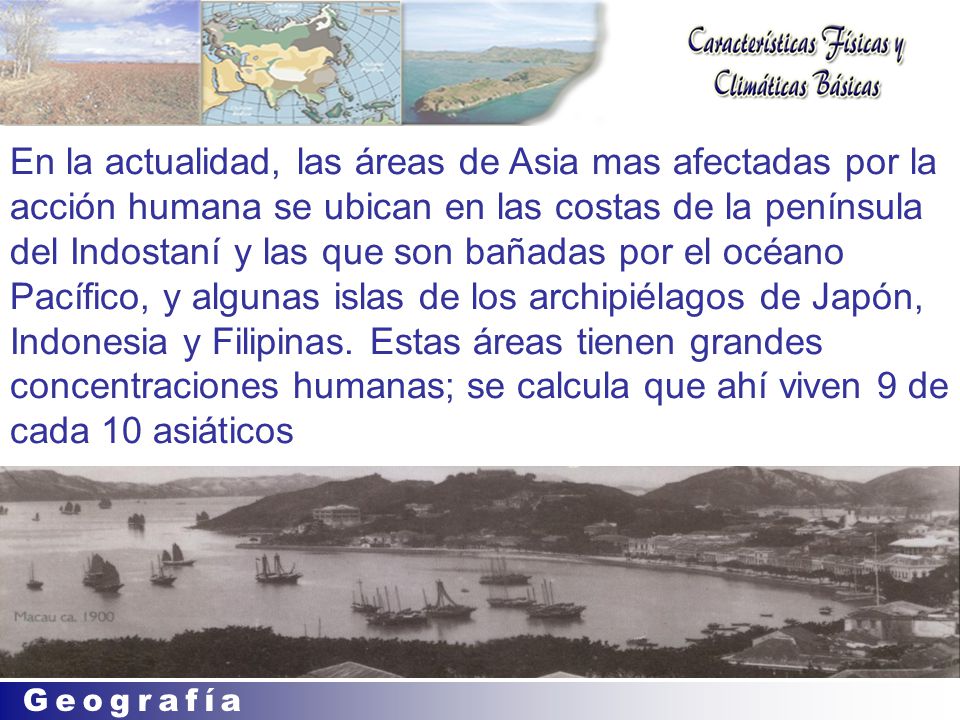 En la actualidad, las áreas de Asia mas afectadas por la acción humana se ubican en las costas de la península del Indostaní y las que son bañadas por el océano Pacífico, y algunas islas de los archipiélagos de Japón, Indonesia y Filipinas.