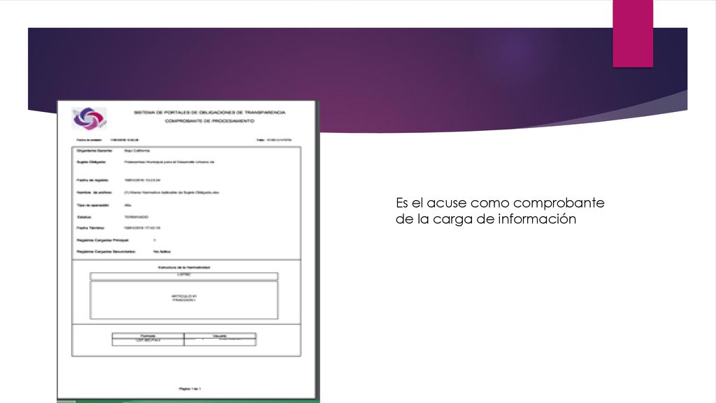 Es el acuse como comprobante de la carga de información