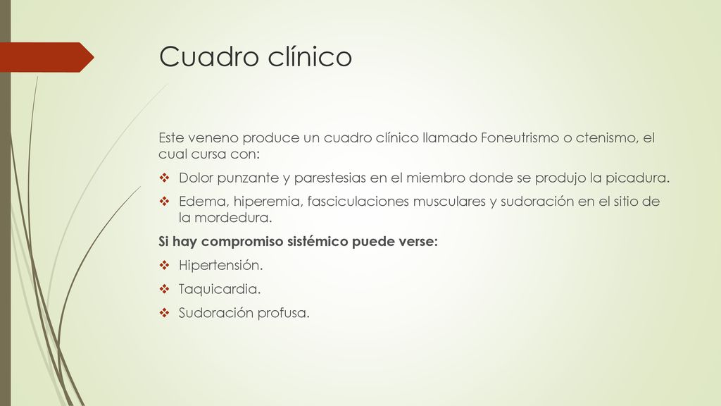 Cuadro clínico Este veneno produce un cuadro clínico llamado Foneutrismo o ctenismo, el cual cursa con: