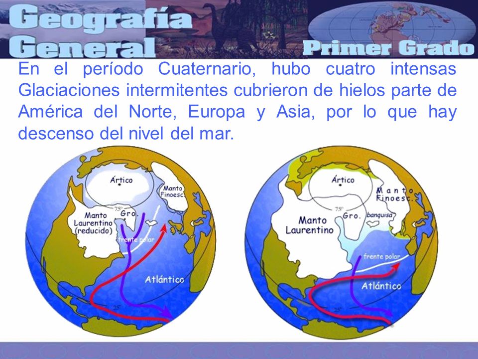 En el período Cuaternario, hubo cuatro intensas Glaciaciones intermitentes cubrieron de hielos parte de América del Norte, Europa y Asia, por lo que hay descenso del nivel del mar.