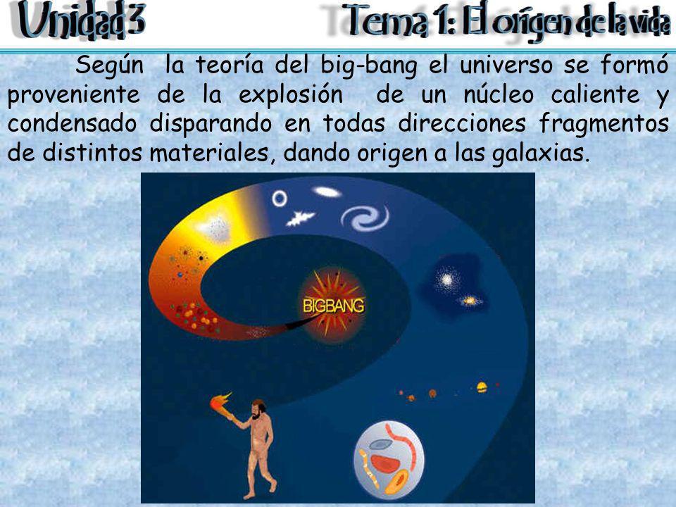 Según la teoría del big-bang el universo se formó proveniente de la explosión de un núcleo caliente y condensado disparando en todas direcciones fragmentos de distintos materiales, dando origen a las galaxias.