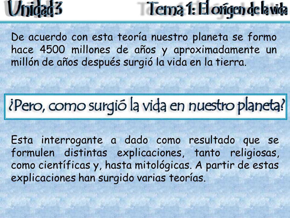 De acuerdo con esta teoría nuestro planeta se formo hace 4500 millones de años y aproximadamente un millón de años después surgió la vida en la tierra.