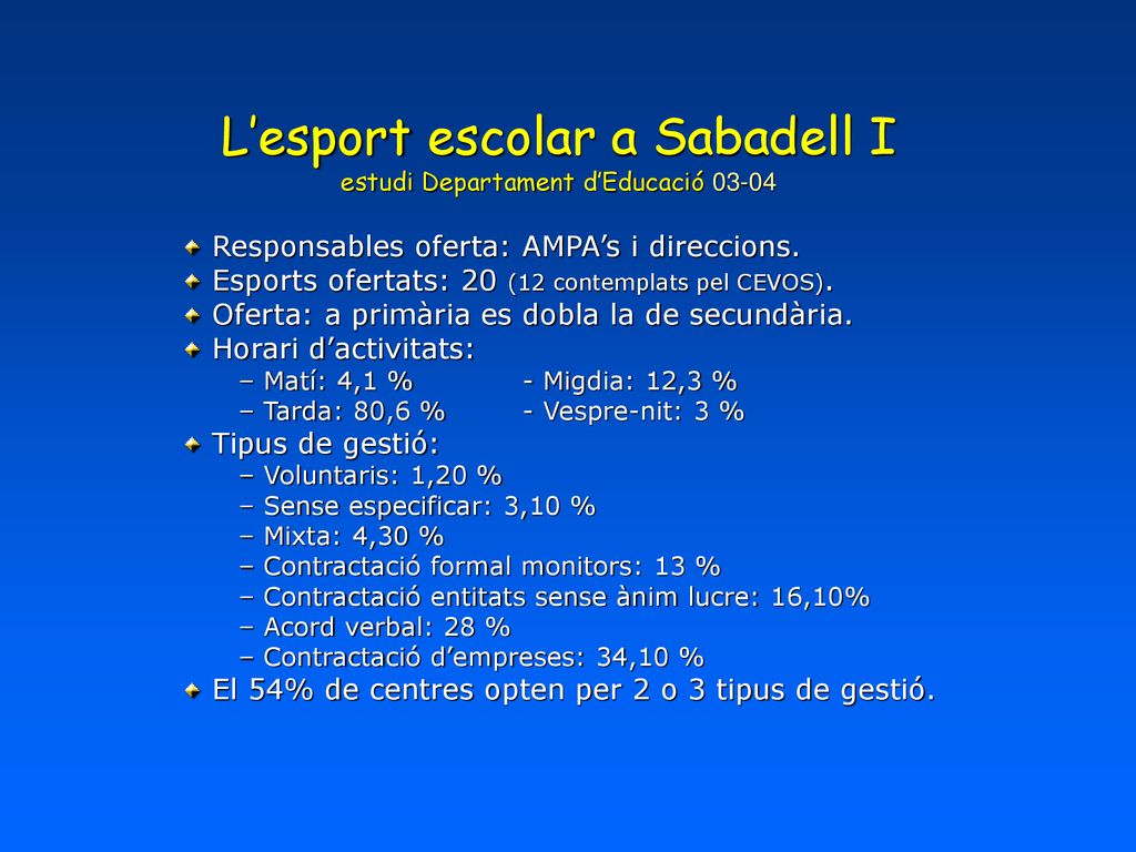L’esport escolar a Sabadell I estudi Departament d’Educació 03-04