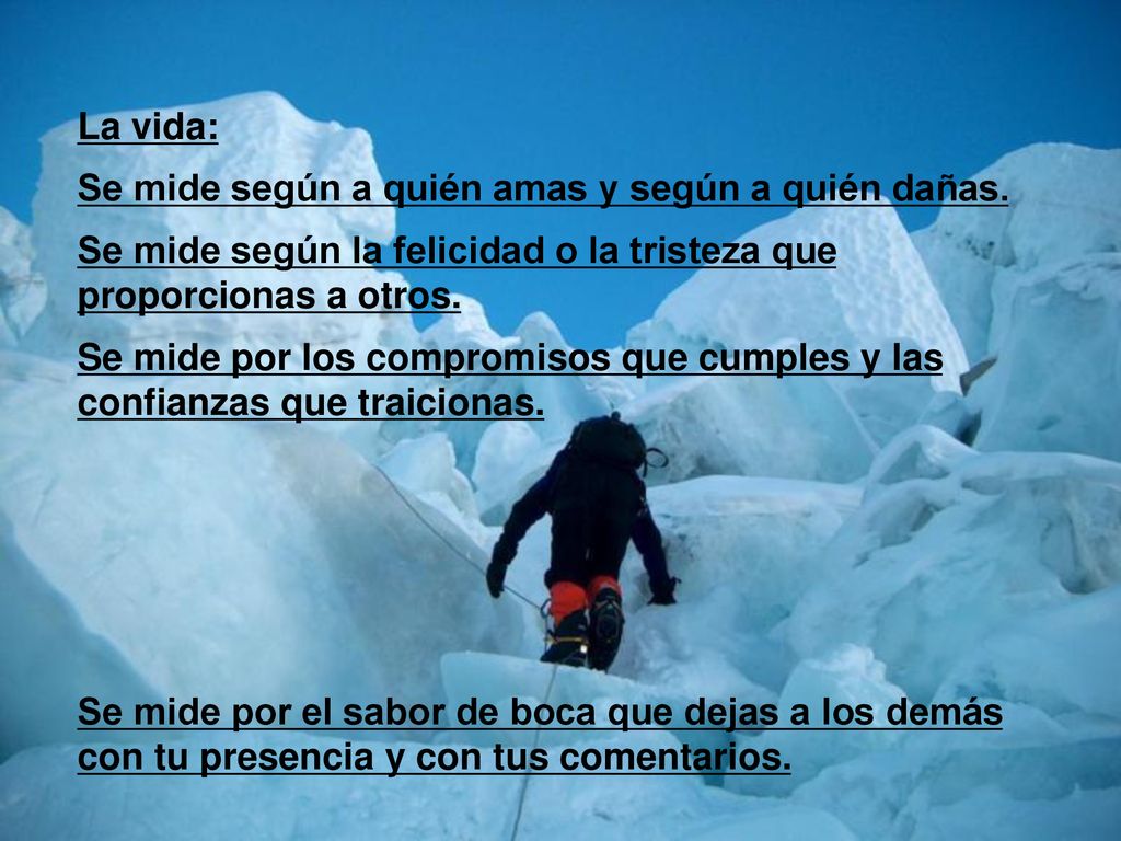 La vida: Se mide según a quién amas y según a quién dañas. Se mide según la felicidad o la tristeza que proporcionas a otros.