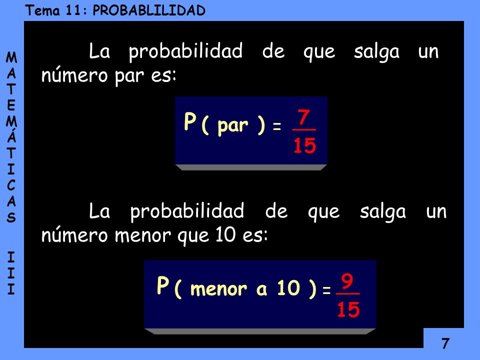 P P La probabilidad de que salga un número par es: 7 ( par ) = 15