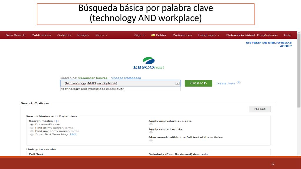 Búsqueda básica por palabra clave (technology AND workplace)