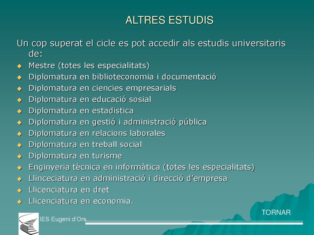 ALTRES ESTUDIS Un cop superat el cicle es pot accedir als estudis universitaris de: Mestre (totes les especialitats)