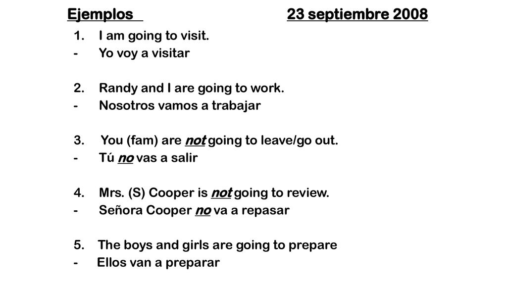 Ejemplos 23 septiembre 2008 I am going to visit. Yo voy a visitar