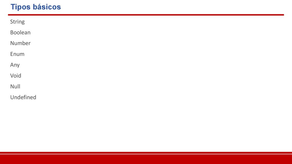 Tipos básicos String Boolean Number Enum Any Void Null Undefined