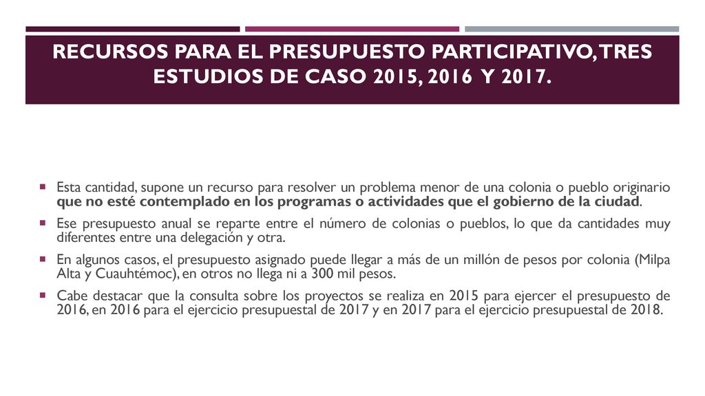 Recursos para el Presupuesto Participativo, tres estudios de caso 2015, 2016 y 2017.