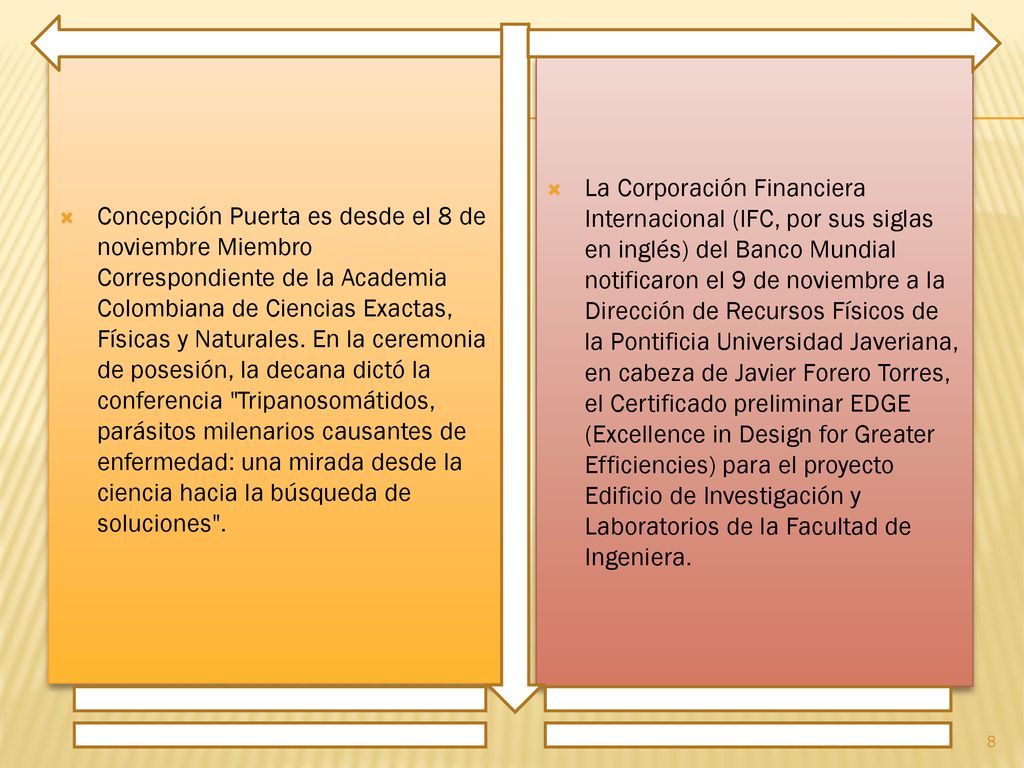 Concepción Puerta es desde el 8 de noviembre Miembro Correspondiente de la Academia Colombiana de Ciencias Exactas, Físicas y Naturales. En la ceremonia de posesión, la decana dictó la conferencia Tripanosomátidos, parásitos milenarios causantes de enfermedad: una mirada desde la ciencia hacia la búsqueda de soluciones .
