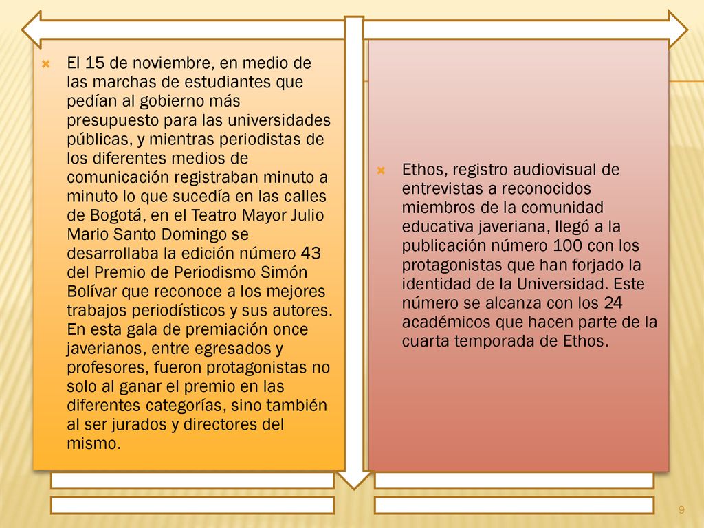 El 15 de noviembre, en medio de las marchas de estudiantes que pedían al gobierno más presupuesto para las universidades públicas, y mientras periodistas de los diferentes medios de comunicación registraban minuto a minuto lo que sucedía en las calles de Bogotá, en el Teatro Mayor Julio Mario Santo Domingo se desarrollaba la edición número 43 del Premio de Periodismo Simón Bolívar que reconoce a los mejores trabajos periodísticos y sus autores. En esta gala de premiación once javerianos, entre egresados y profesores, fueron protagonistas no solo al ganar el premio en las diferentes categorías, sino también al ser jurados y directores del mismo.