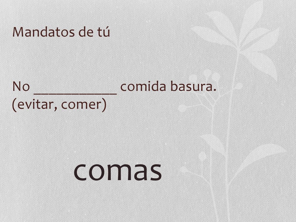 Mandatos de tú No ___________ comida basura. (evitar, comer) comas