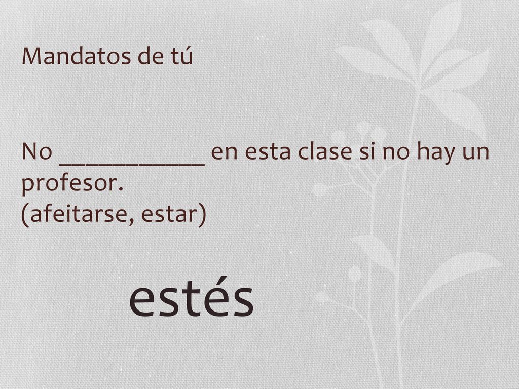 Mandatos de tú No ___________ en esta clase si no hay un profesor. (afeitarse, estar) estés