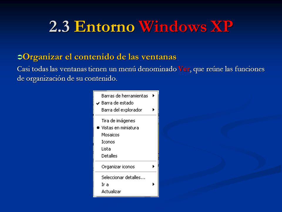 2.3 Entorno Windows XP Organizar el contenido de las ventanas