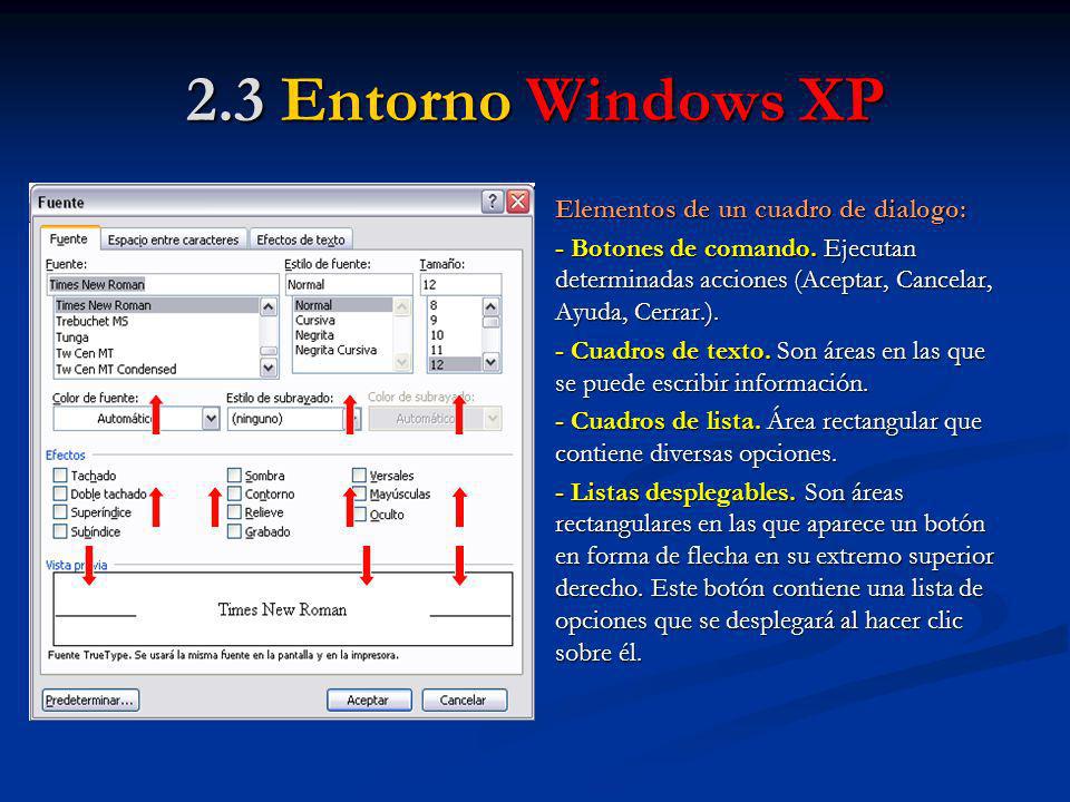 2.3 Entorno Windows XP Elementos de un cuadro de dialogo: