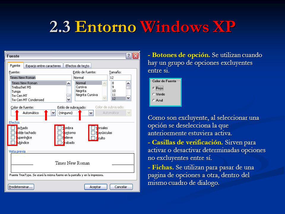2.3 Entorno Windows XP - Botones de opción. Se utilizan cuando hay un grupo de opciones excluyentes entre si.