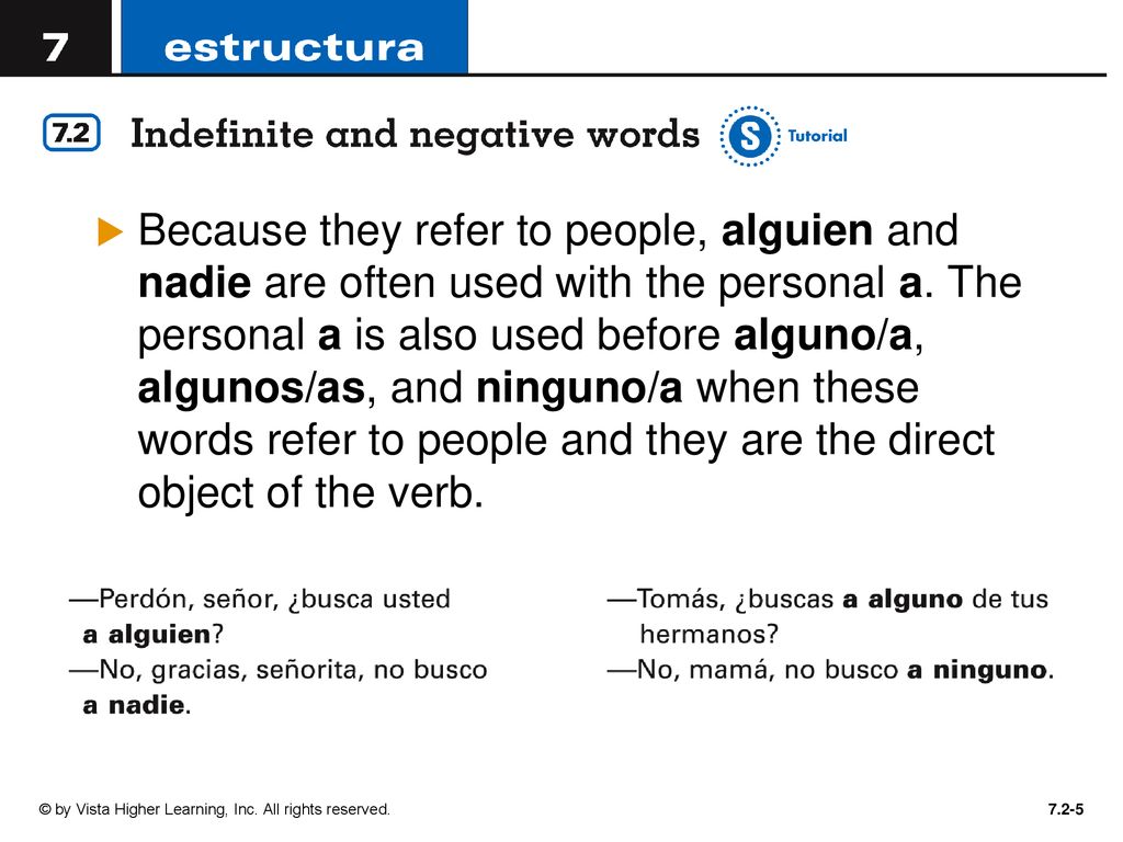 Because they refer to people, alguien and nadie are often used with the personal a. The personal a is also used before alguno/a, algunos/as, and ninguno/a when these words refer to people and they are the direct object of the verb.