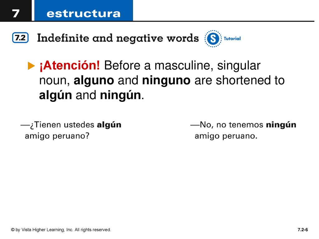 ¡Atención! Before a masculine, singular noun, alguno and ninguno are shortened to algún and ningún.