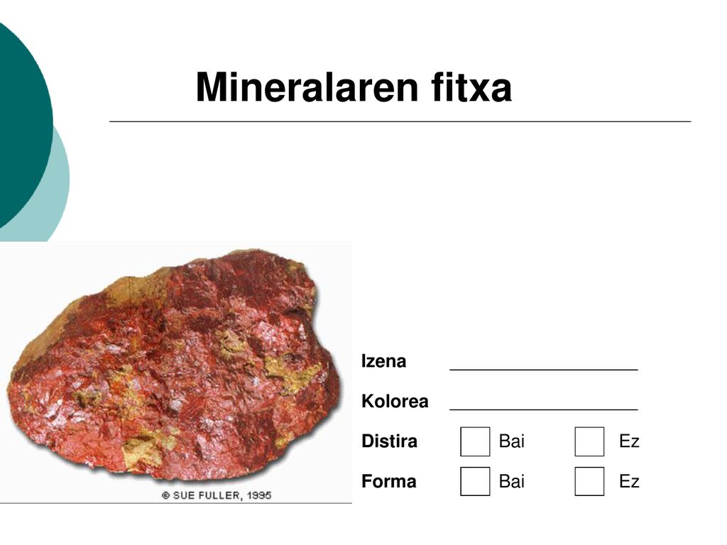 Mineralaren fitxa Izena Kolorea Distira Bai Ez Forma Bai Ez