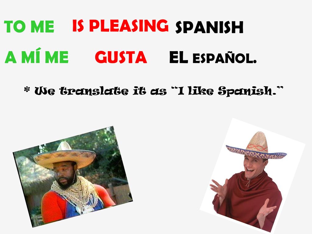 TO ME IS PLEASING SPANISH A MÍ ME GUSTA EL ESPAÑOL.