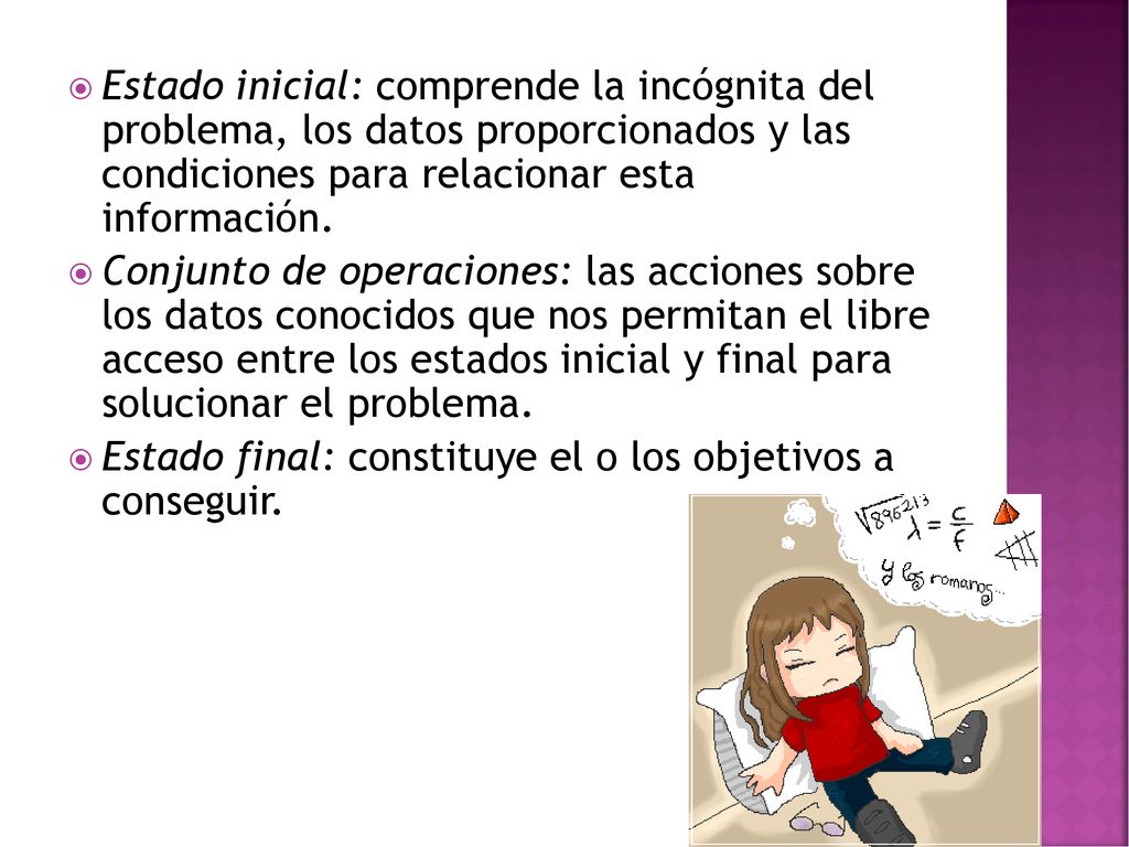 Estado inicial: comprende la incógnita del problema, los datos proporcionados y las condiciones para relacionar esta información.