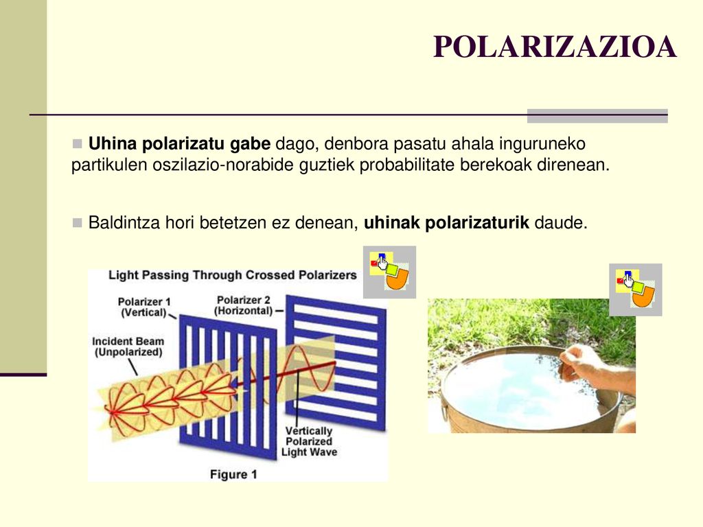 POLARIZAZIOA Uhina polarizatu gabe dago, denbora pasatu ahala inguruneko partikulen oszilazio-norabide guztiek probabilitate berekoak direnean.