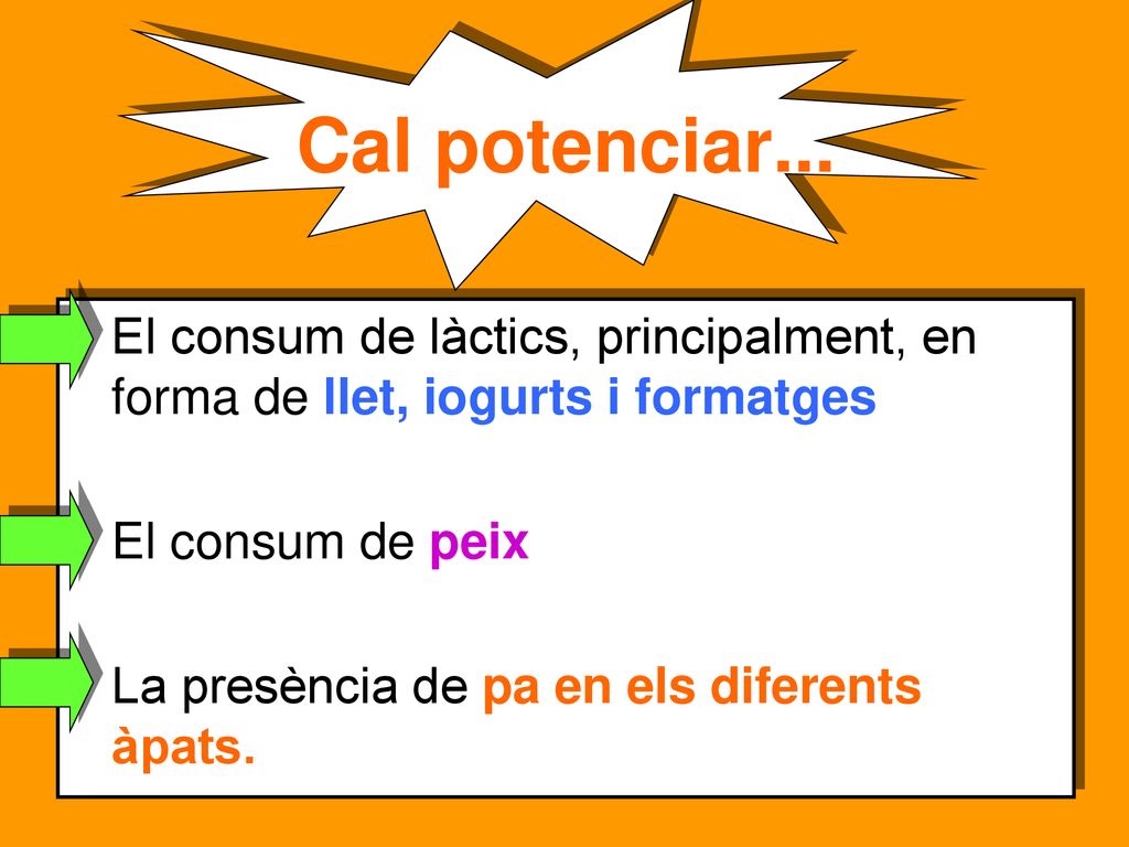 Cal potenciar... El consum de làctics, principalment, en forma de llet, iogurts i formatges. El consum de peix.
