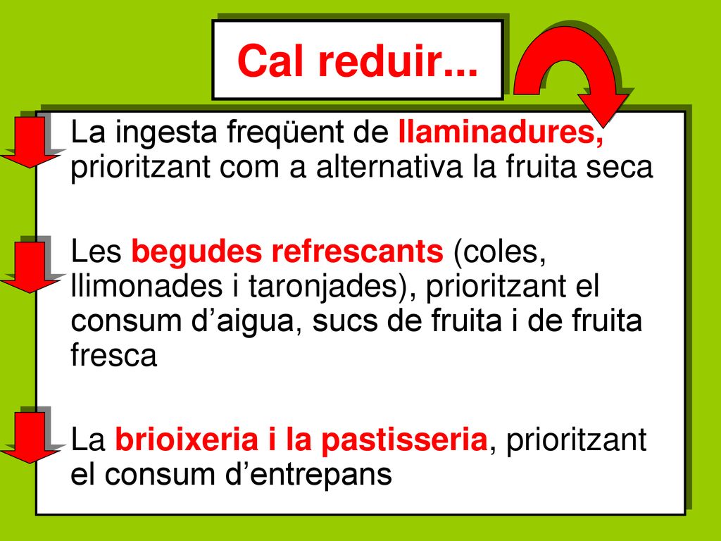 Cal reduir... La ingesta freqüent de llaminadures, prioritzant com a alternativa la fruita seca.