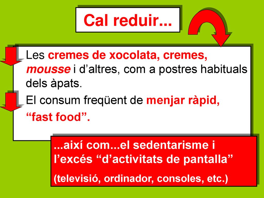 Cal reduir... Les cremes de xocolata, cremes, mousse i d’altres, com a postres habituals dels àpats.