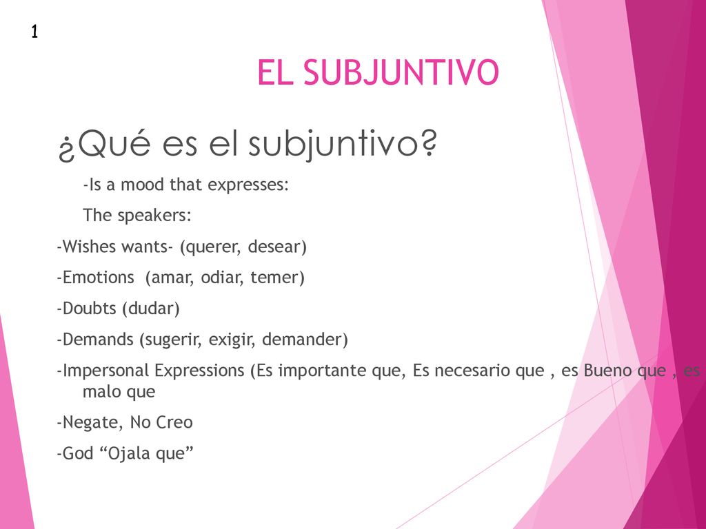 EL SUBJUNTIVO ¿Qué es el subjuntivo 1 -Is a mood that expresses: