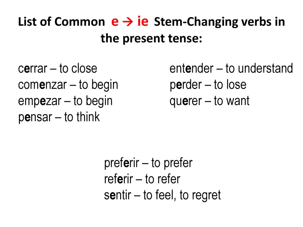 List of Common e  ie Stem-Changing verbs in the present tense: