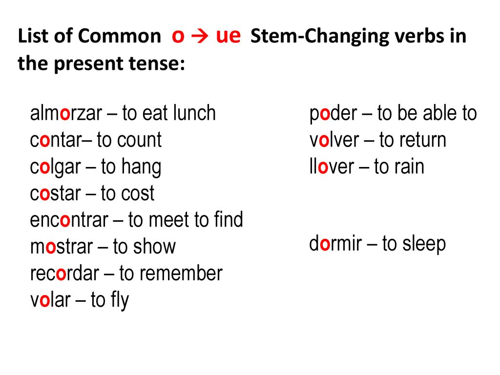 List of Common o  ue Stem-Changing verbs in the present tense: