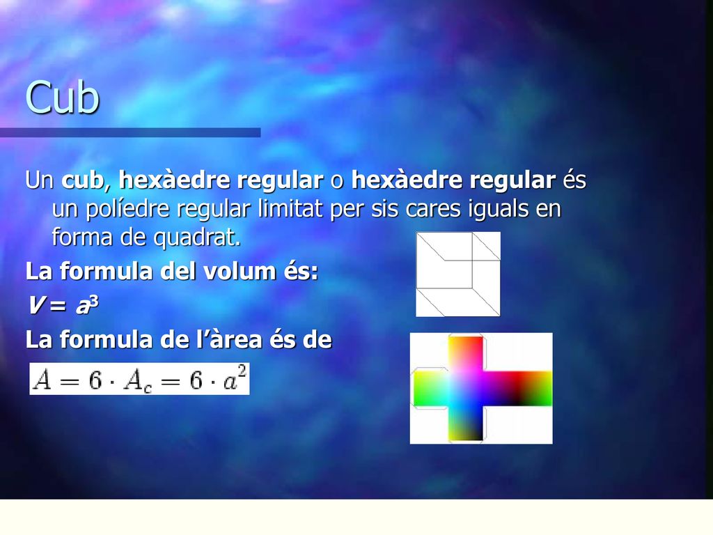 Cub Un cub, hexàedre regular o hexàedre regular és un políedre regular limitat per sis cares iguals en forma de quadrat.