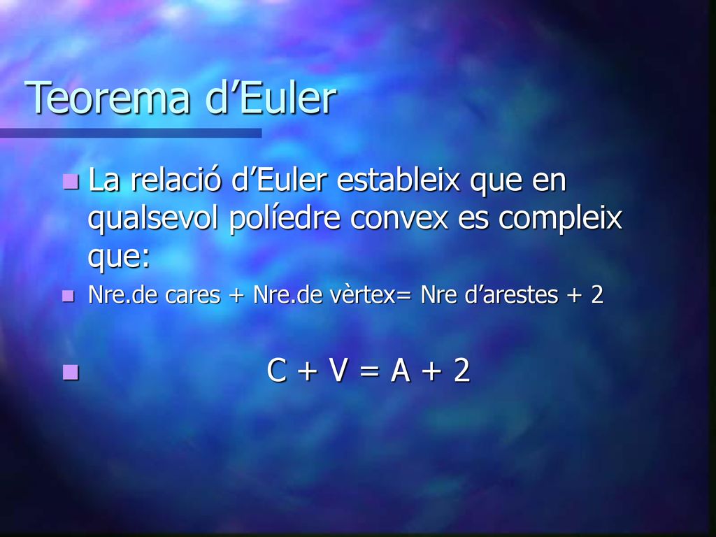 Teorema d’Euler La relació d’Euler estableix que en qualsevol políedre convex es compleix que: Nre.de cares + Nre.de vèrtex= Nre d’arestes + 2.
