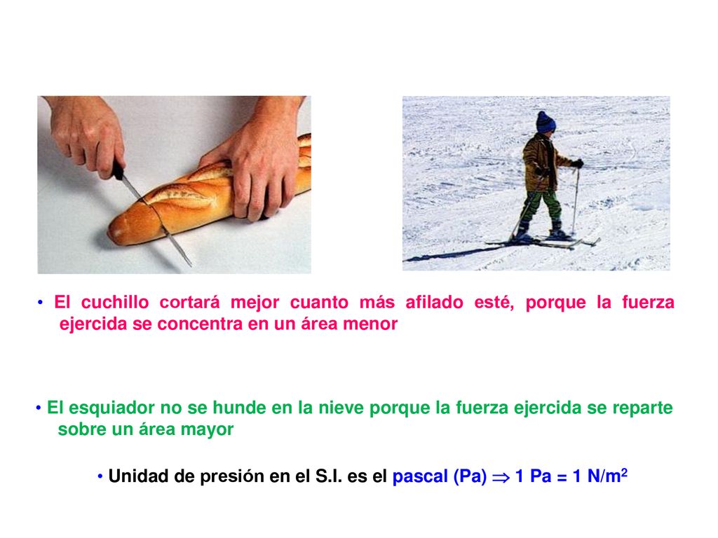 • El cuchillo cortará mejor cuanto más afilado esté, porque la fuerza ejercida se concentra en un área menor