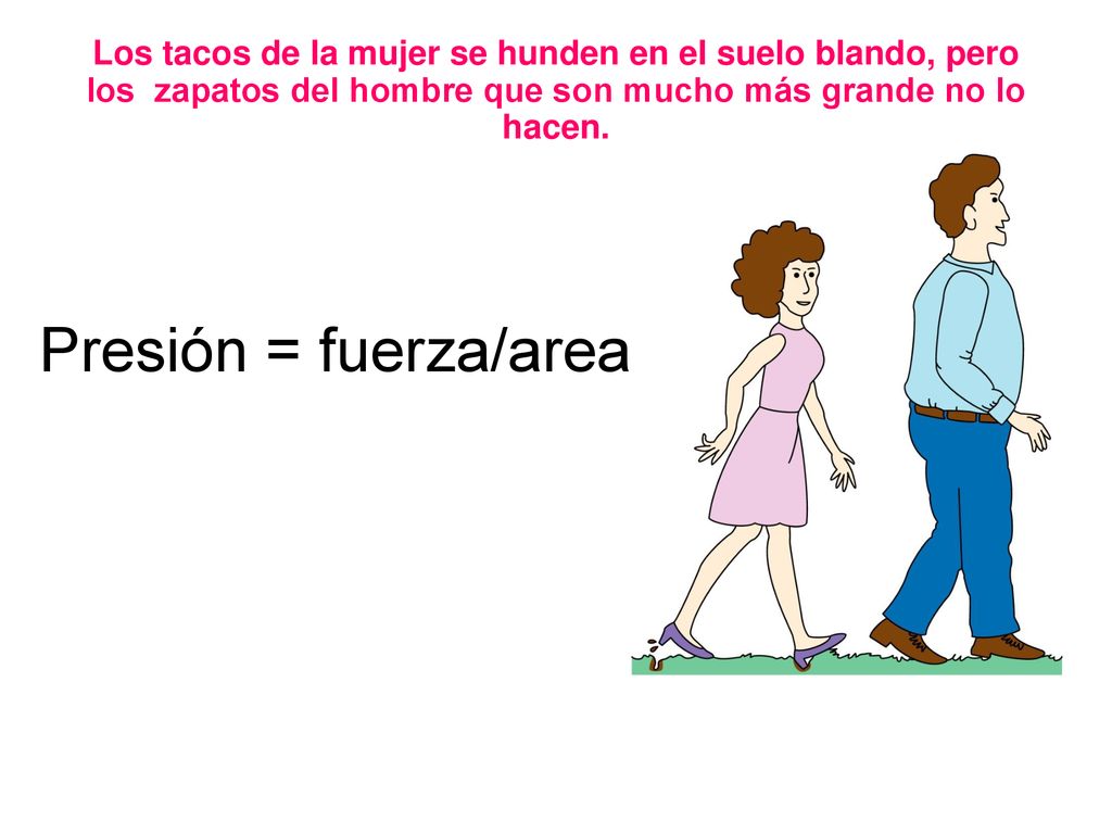 Los tacos de la mujer se hunden en el suelo blando, pero los zapatos del hombre que son mucho más grande no lo hacen.