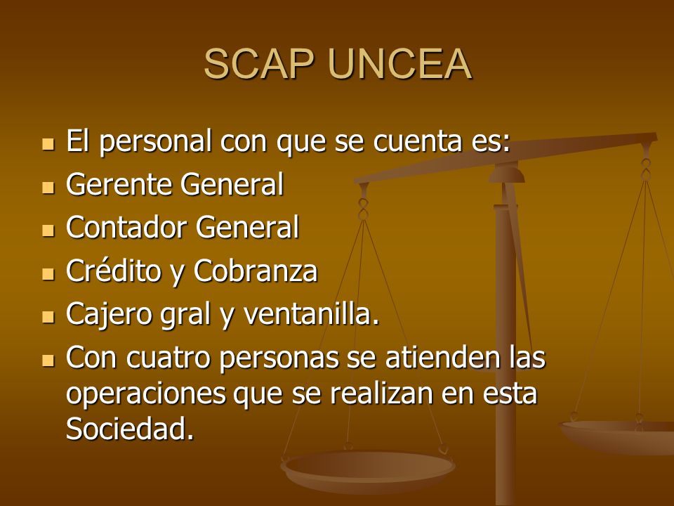 SCAP UNCEA El personal con que se cuenta es: Gerente General