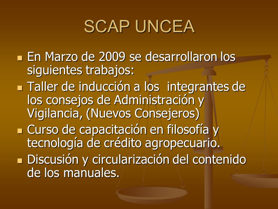 SCAP UNCEA En Marzo de 2009 se desarrollaron los siguientes trabajos: