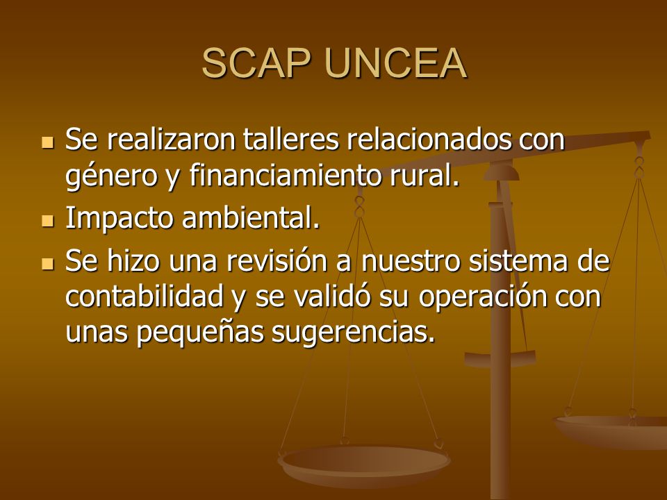 SCAP UNCEA Se realizaron talleres relacionados con género y financiamiento rural. Impacto ambiental.