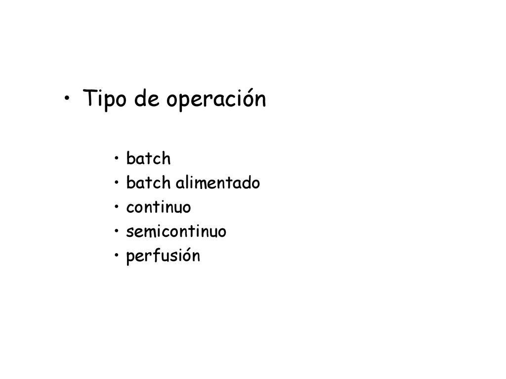 Tipo de operación batch batch alimentado continuo semicontinuo