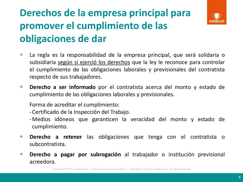 Derechos de la empresa principal para promover el cumplimiento de las obligaciones de dar
