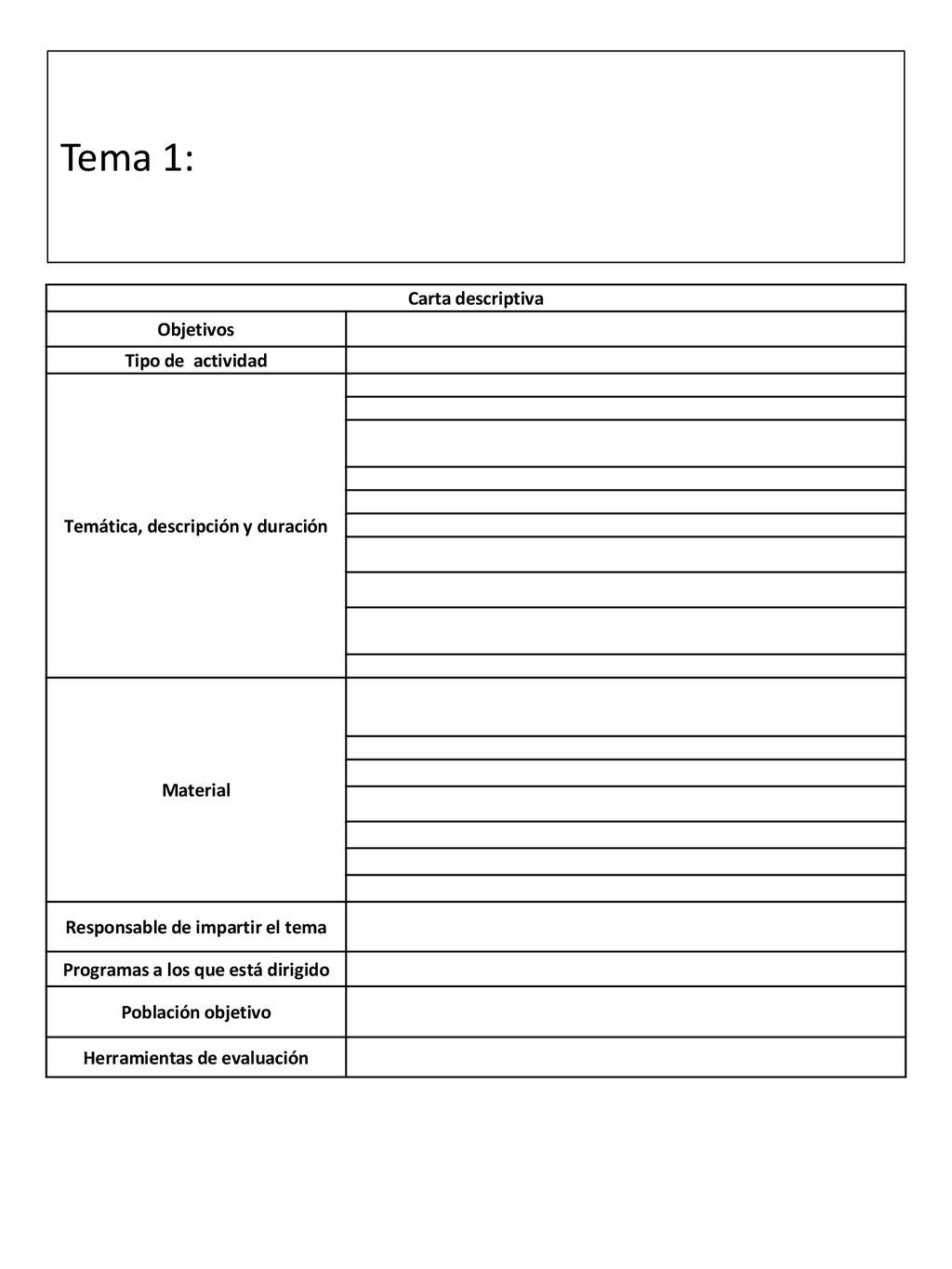 Tema 1: Carta descriptiva Objetivos Tipo de actividad