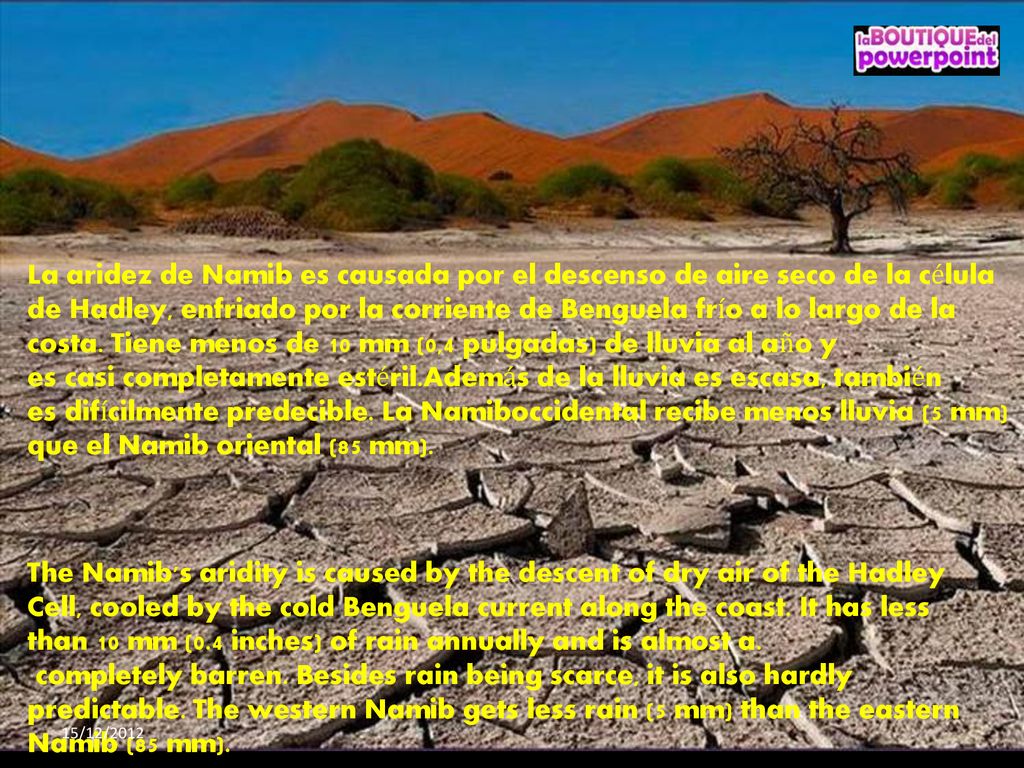 La aridez de Namib es causada por el descenso de aire seco de la célula de Hadley, enfriado por la corriente de Benguela frío a lo largo de la costa. Tiene menos de 10 mm (0,4 pulgadas) de lluvia al año y es casi completamente estéril.Además de la lluvia es escasa, también es difícilmente predecible. La Namiboccidental recibe menos lluvia (5 mm) que el Namib oriental (85 mm).