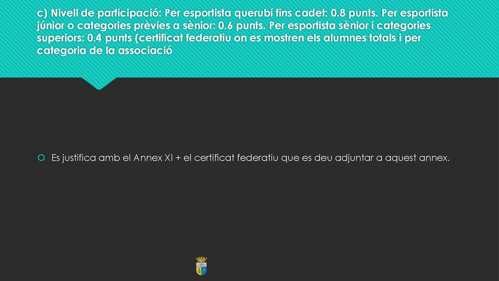 c) Nivell de participació: Per esportista querubí fins cadet: 0