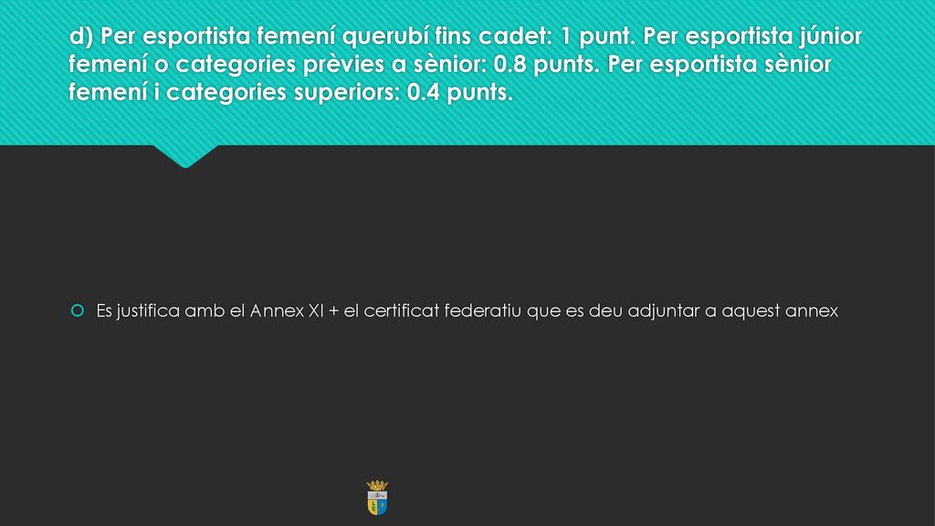 d) Per esportista femení querubí fins cadet: 1 punt