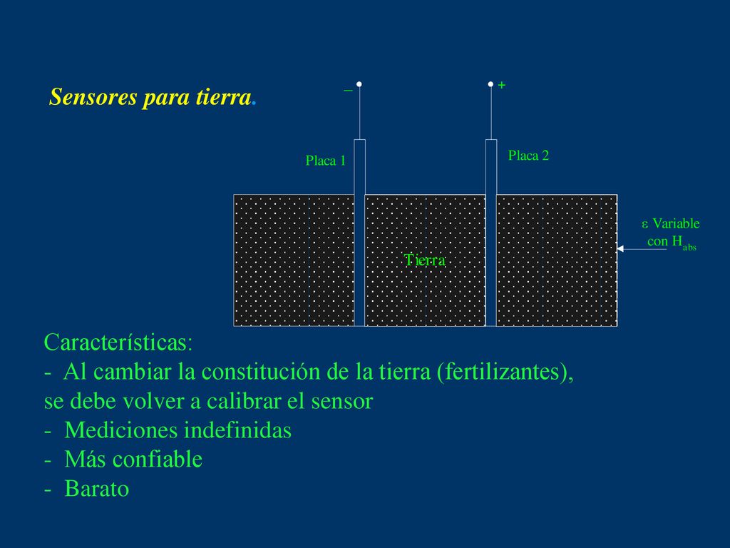 Sensores para tierra. Características: Al cambiar la constitución de la tierra (fertilizantes), se debe volver a calibrar el sensor.